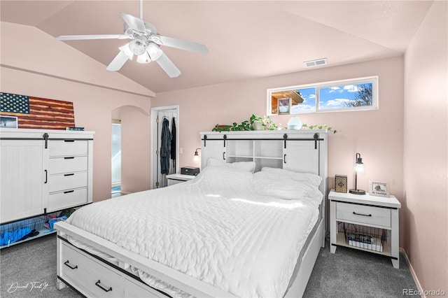 25 Tierra Casa Dr, Pueblo, CO 81005 - bedroom with ceiling fan, lofted ceiling, and dark carpet
