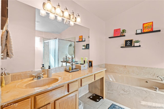 25 Tierra Casa Dr, Pueblo, CO 81005 - bathroom with vanity, tile patterned floors, and shower with separate bathtub