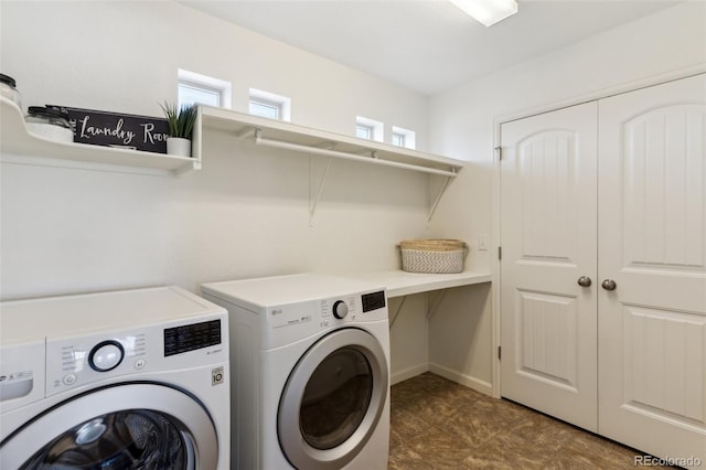 clothes washing area featuring washer and dryer and laundry area