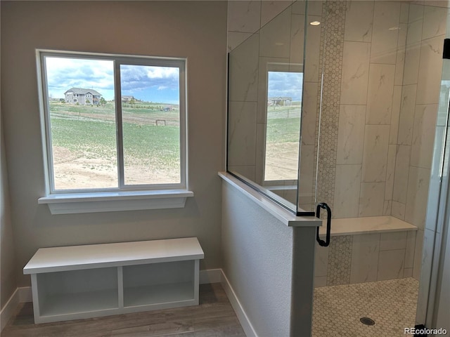 bathroom with walk in shower, a wealth of natural light, and hardwood / wood-style flooring