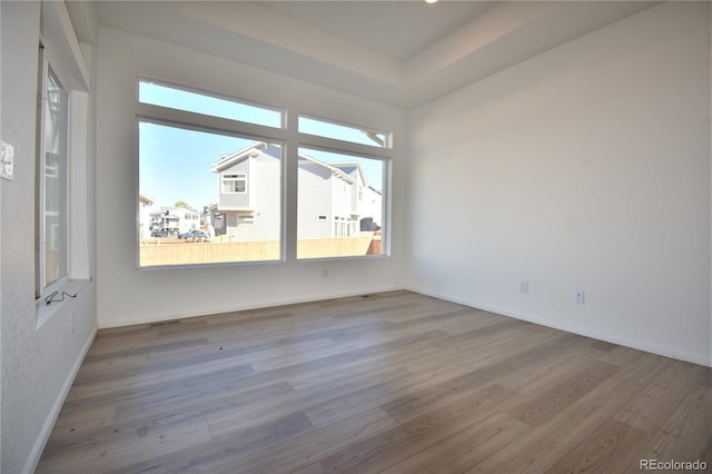 unfurnished room with hardwood / wood-style floors, a tray ceiling, and a wealth of natural light