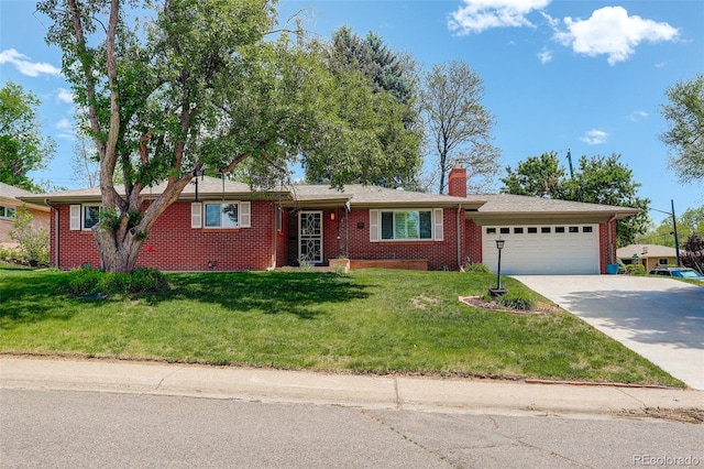 3090 S High St, Denver, CO 80210 - single story home with a garage, driveway, brick siding, a front yard, and a chimney