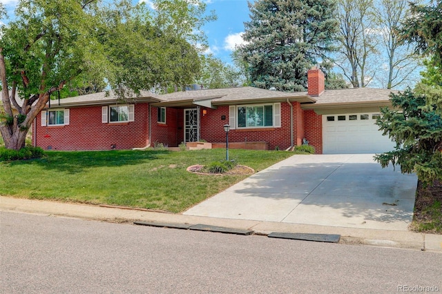 3090 S High St, Denver, CO 80210 - ranch-style house with brick siding, a garage, a chimney, a front yard, and driveway