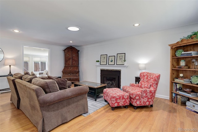 3090 S High St, Denver, CO 80210 - living room featuring wood finished floors, a fireplace, and recessed lighting