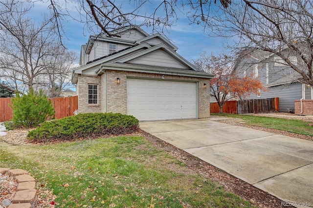 view of side of home featuring a garage and a lawn