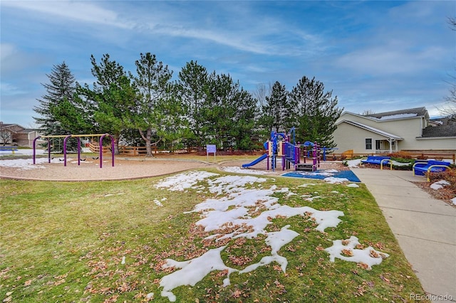 view of jungle gym featuring a yard