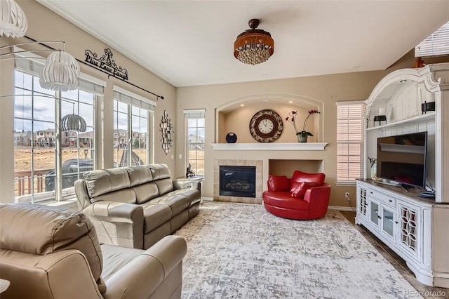 living room featuring hardwood / wood-style floors and a fireplace