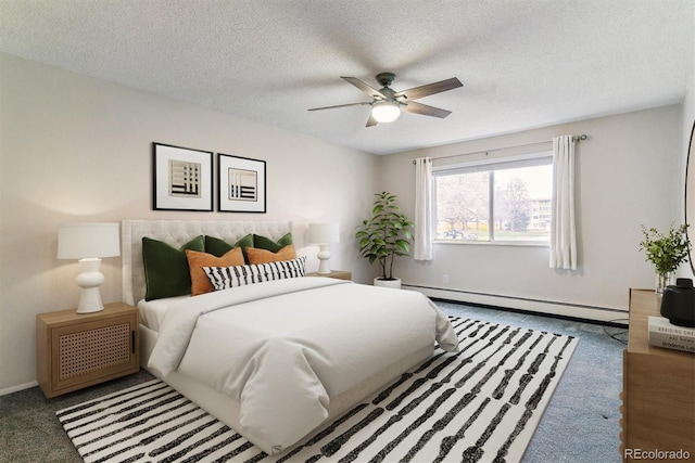 9385 E Center Ave Unit 6A, Denver, CO 80247 - bedroom featuring baseboard heating, a textured ceiling, baseboards, and a ceiling fan