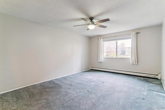 9385 E Center Ave Unit 6A, Denver, CO 80247 - carpeted spare room featuring a baseboard radiator, a ceiling fan, a textured ceiling, and baseboards