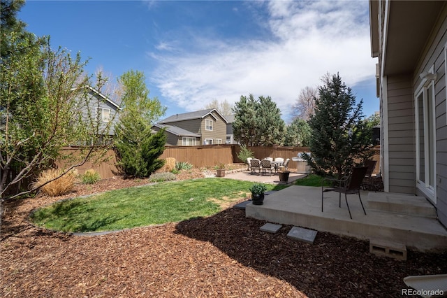 view of yard with a fenced backyard and a patio
