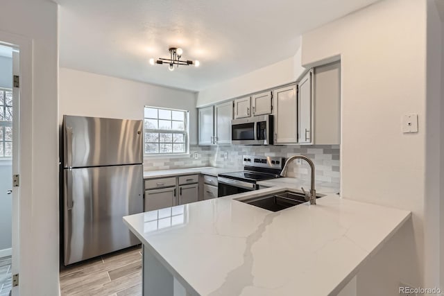 kitchen with a peninsula, a sink, backsplash, gray cabinetry, and stainless steel appliances