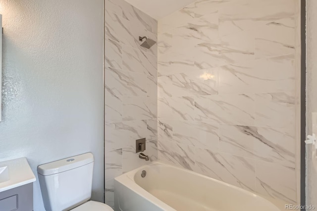 bathroom with vanity, toilet, and bathing tub / shower combination