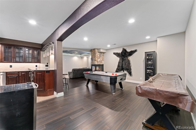 game room with pool table, dark wood finished floors, baseboards, arched walkways, and recessed lighting