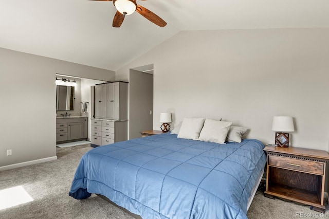 3785 E 134th Ct, Thornton, CO 80241 - bedroom with lofted ceiling, light colored carpet, ensuite bathroom, and a ceiling fan