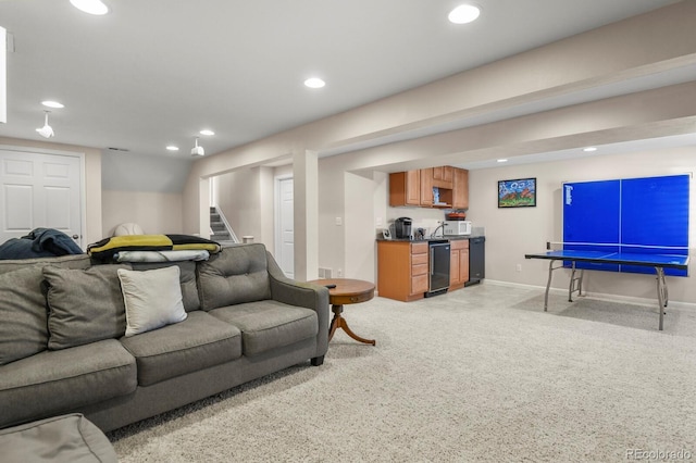 3785 E 134th Ct, Thornton, CO 80241 - living room with wet bar, stairway, recessed lighting, and light carpet