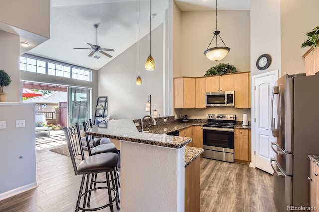kitchen featuring stainless steel appliances, high vaulted ceiling, a peninsula, ceiling fan, and a breakfast bar area