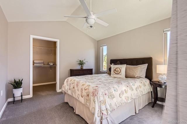 bedroom featuring vaulted ceiling, a spacious closet, baseboards, carpet flooring, and a closet