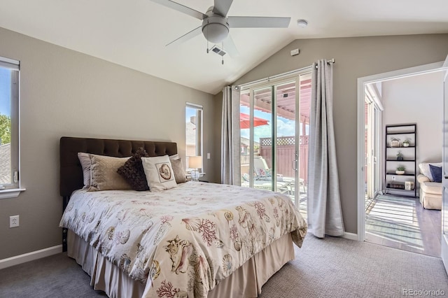 carpeted bedroom featuring access to outside, lofted ceiling, baseboards, and a ceiling fan
