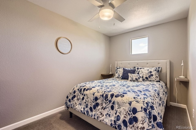 bedroom featuring carpet floors, baseboards, and ceiling fan