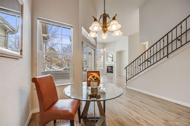 dining room with wood finished floors, a glass covered fireplace, and a wealth of natural light