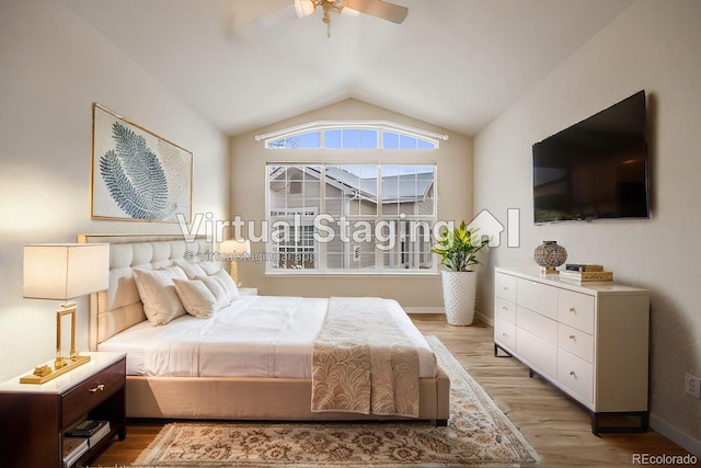 bedroom with lofted ceiling, baseboards, ceiling fan, and light wood finished floors