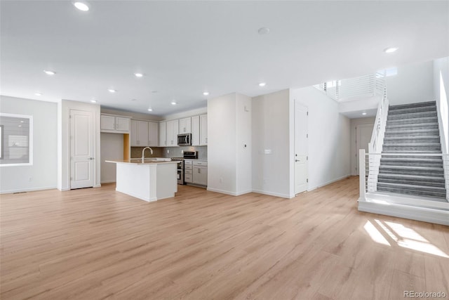 kitchen with stainless steel appliances, light hardwood / wood-style floors, sink, and a kitchen island with sink