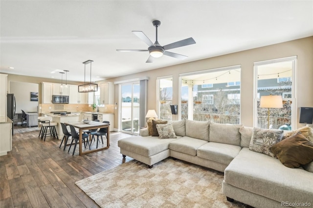 living area with a ceiling fan and wood finished floors