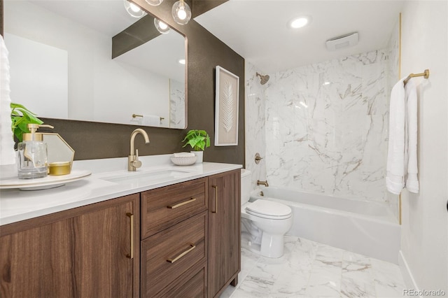 full bath featuring toilet, marble finish floor, recessed lighting, bathing tub / shower combination, and vanity