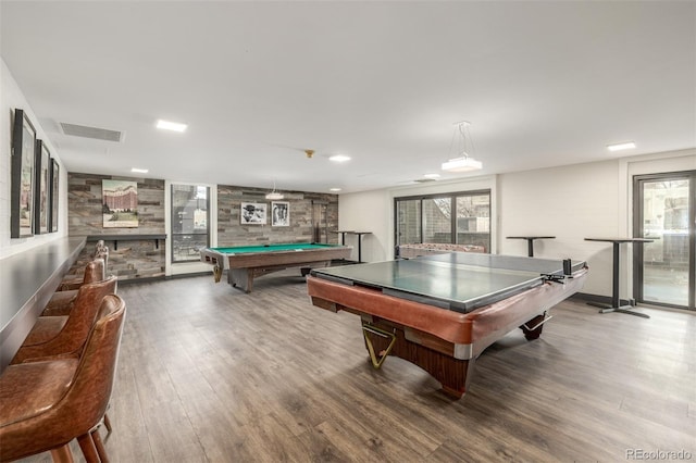 game room with pool table, wood finished floors, and visible vents