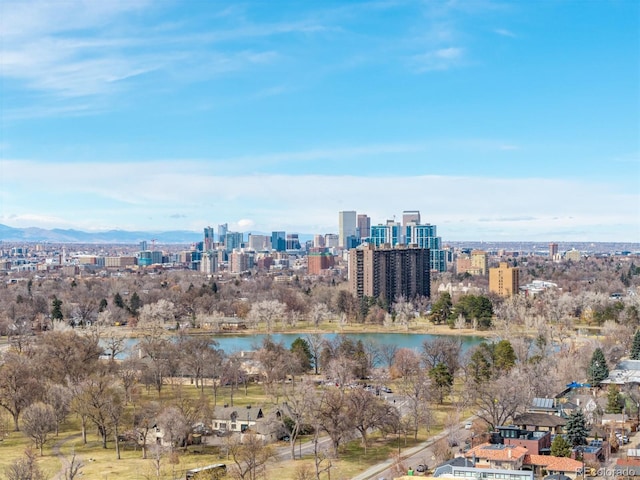 drone / aerial view with a city view and a water view