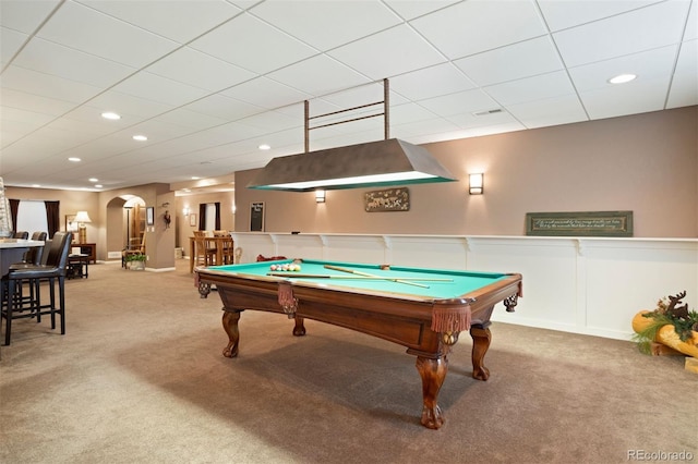 rec room with carpet and billiards