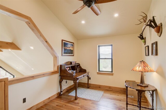 30490 Harvard Cir, Buena Vista, CO 81211 - living area featuring light wood-style floors, a ceiling fan, lofted ceiling, baseboards, and recessed lighting