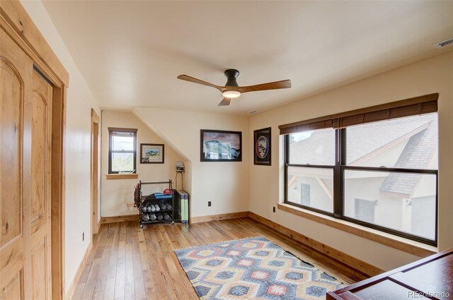 30490 Harvard Cir, Buena Vista, CO 81211 - sitting room with light wood-style flooring, baseboards, and ceiling fan