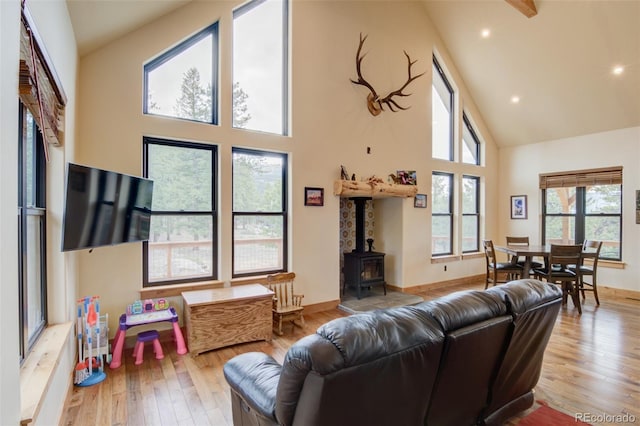 30490 Harvard Cir, Buena Vista, CO 81211 - living room featuring a wood stove, high vaulted ceiling, wood-type flooring, baseboards, and recessed lighting