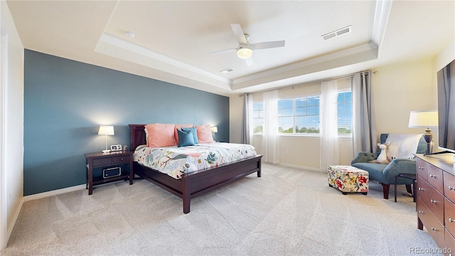 5932 Eldora St, Golden, CO 80403 - bedroom with a tray ceiling, light colored carpet, baseboards, and ceiling fan