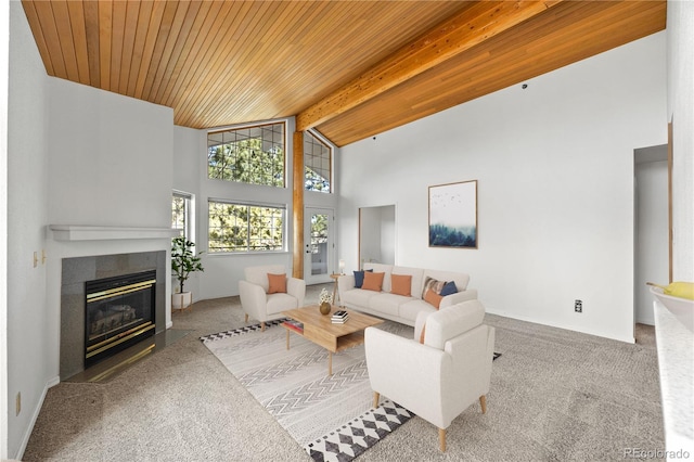 carpeted living room with beam ceiling, a fireplace with flush hearth, wooden ceiling, and high vaulted ceiling