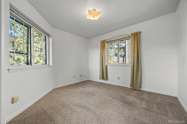 unfurnished room with a wealth of natural light, carpet flooring, a textured ceiling, and baseboards