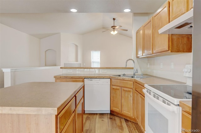 6836 Loudon St, Wellington, CO 80549 - kitchen with white appliances, under cabinet range hood, a ceiling fan, light wood-style floors, and a peninsula