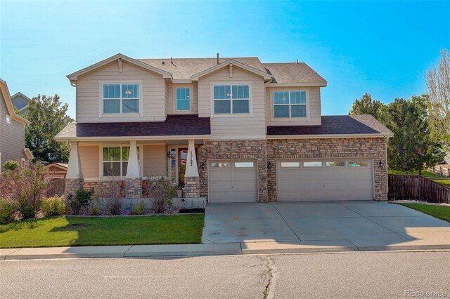 15122 Fillmore Way, Thornton, CO 80602 - craftsman-style house with driveway, an attached garage, stone siding, a porch, and a shingled roof