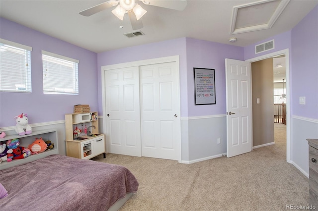 15122 Fillmore Way, Thornton, CO 80602 - bedroom featuring light carpet, attic access, a closet, and ceiling fan