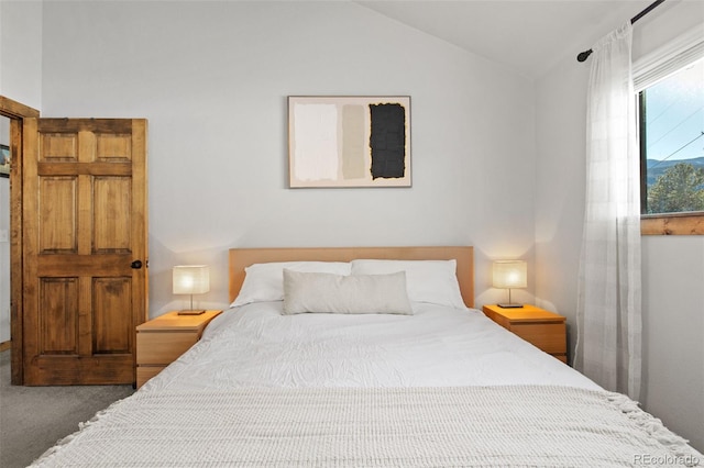 bedroom featuring lofted ceiling and carpet flooring