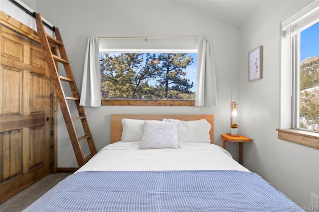 bedroom featuring vaulted ceiling, a barn door, and carpet