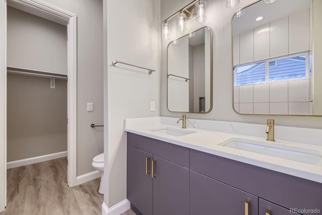 bathroom featuring hardwood / wood-style flooring, vanity, and toilet