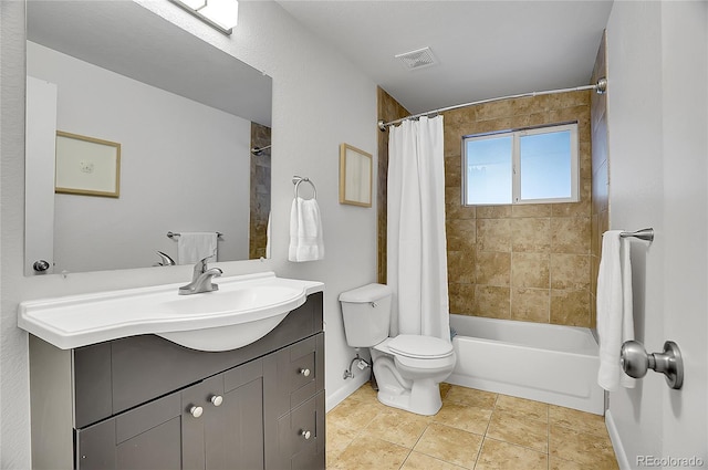 full bathroom with tile patterned flooring, vanity, toilet, and shower / tub combo with curtain