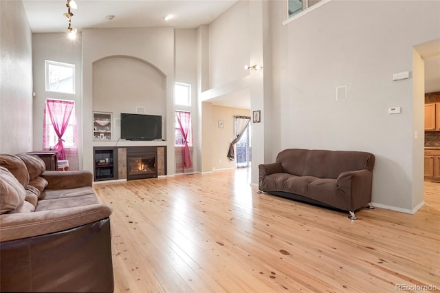 living room with high vaulted ceiling and light hardwood / wood-style flooring