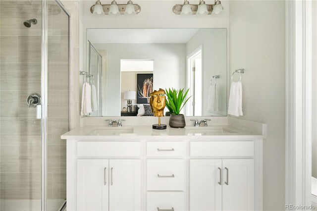 bathroom with vanity and a shower with shower door