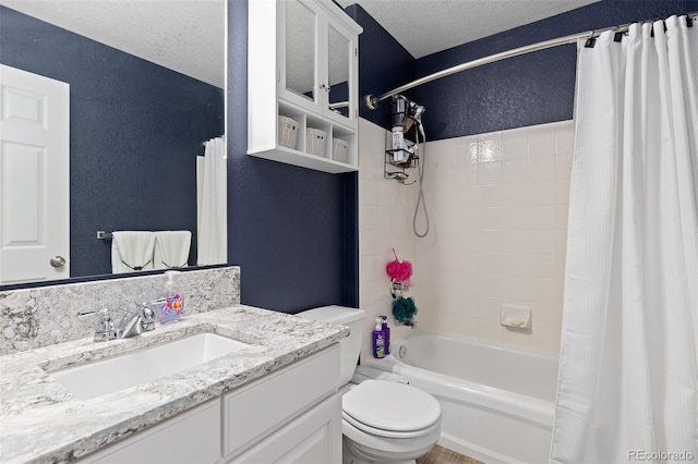 13753 Monroe St, Thornton, CO 80602 - bathroom with shower / tub combo with curtain, vanity, a textured wall, and a textured ceiling