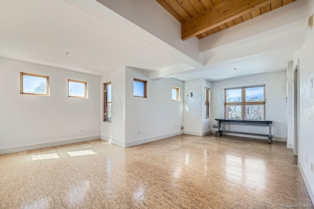 spare room with wood ceiling, beam ceiling, and baseboards