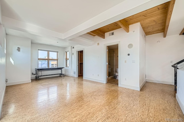 spare room featuring visible vents, wooden ceiling, beam ceiling, and baseboards