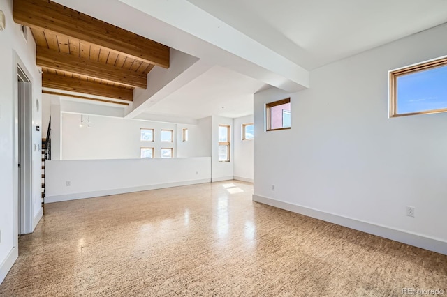 spare room with wood ceiling, baseboards, beam ceiling, and speckled floor